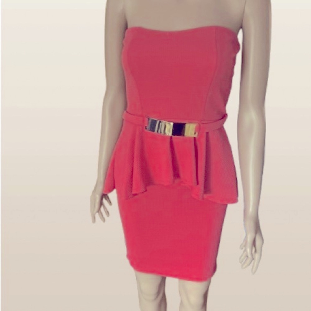 Coral and Gold Strapless Peplum Cocktail Dress